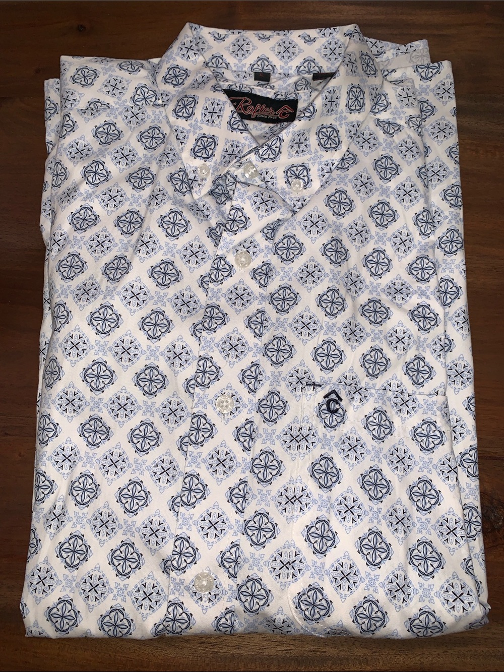 Rafter C White Button-Down Shirt with Blue Geometric Print